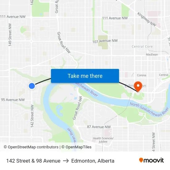 142 Street & 98 Avenue to Edmonton, Alberta map