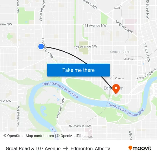 Groat Road & 107 Avenue to Edmonton, Alberta map
