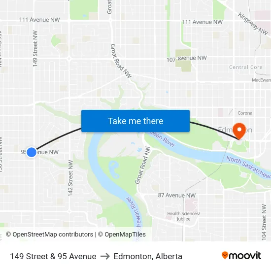 149 Street & 95 Avenue to Edmonton, Alberta map