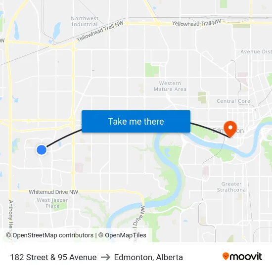 182 Street & 95 Avenue to Edmonton, Alberta map