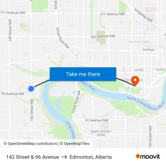 142 Street & 96 Avenue to Edmonton, Alberta map