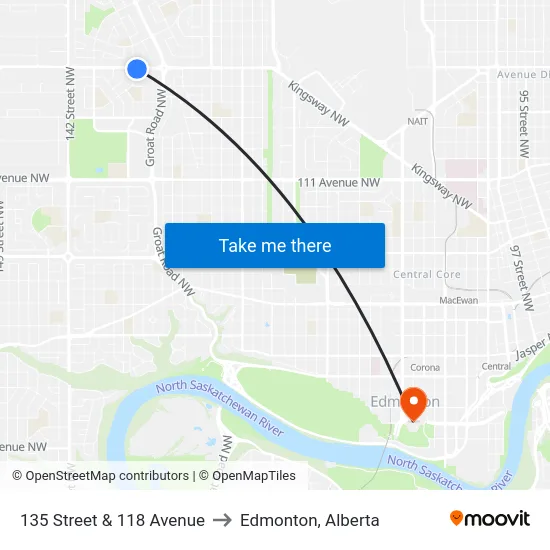 135 Street & 118 Avenue to Edmonton, Alberta map