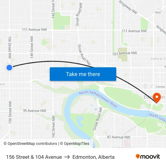 156 Street & 104 Avenue to Edmonton, Alberta map