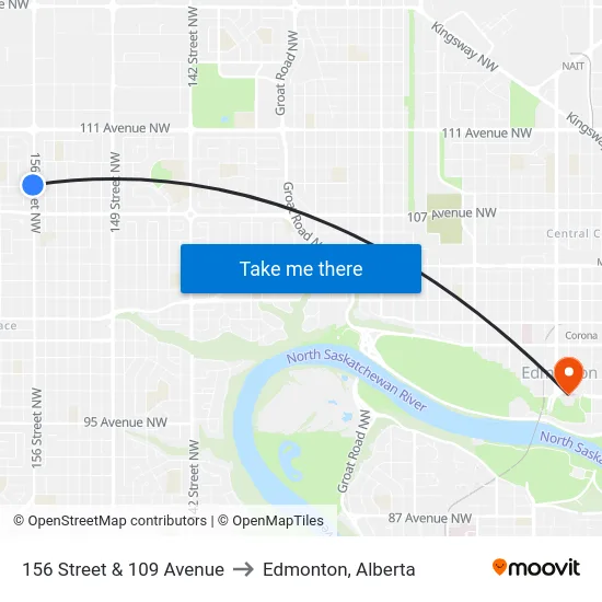 156 Street & 109 Avenue to Edmonton, Alberta map