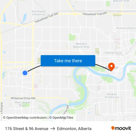 176 Street & 96 Avenue to Edmonton, Alberta map