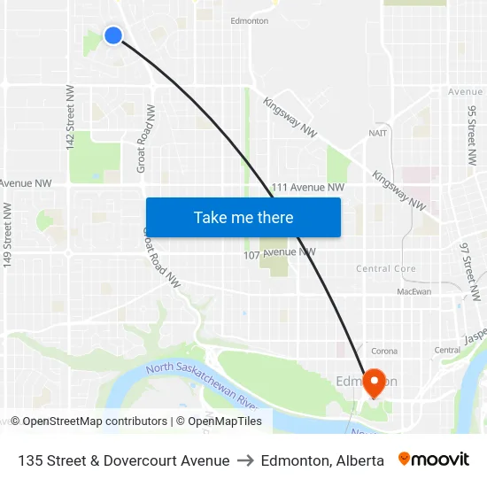 135 Street & Dovercourt Avenue to Edmonton, Alberta map