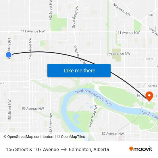 156 Street & 107 Avenue to Edmonton, Alberta map