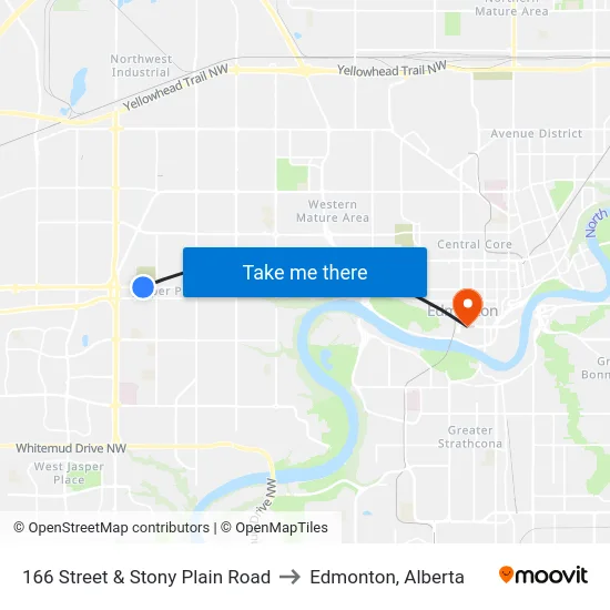 166 Street & Stony Plain Road to Edmonton, Alberta map