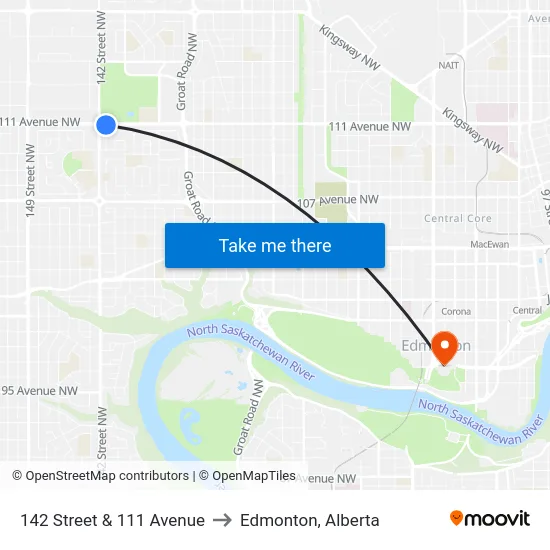 142 Street & 111 Avenue to Edmonton, Alberta map