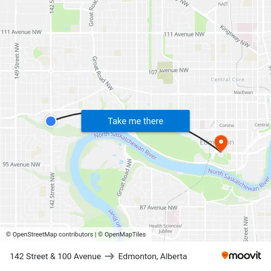 142 Street & 100 Avenue to Edmonton, Alberta map