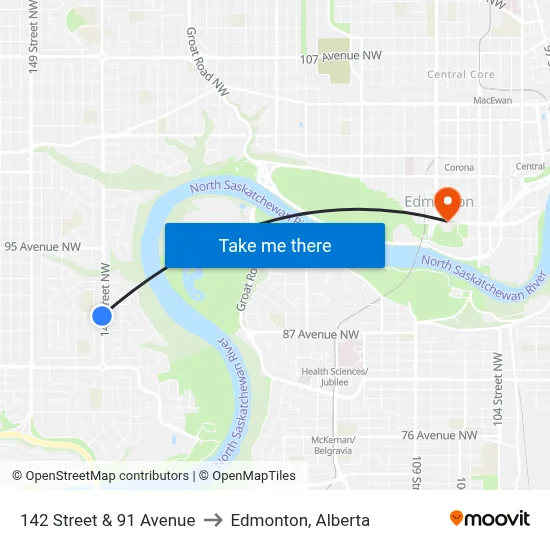 142 Street & 91 Avenue to Edmonton, Alberta map