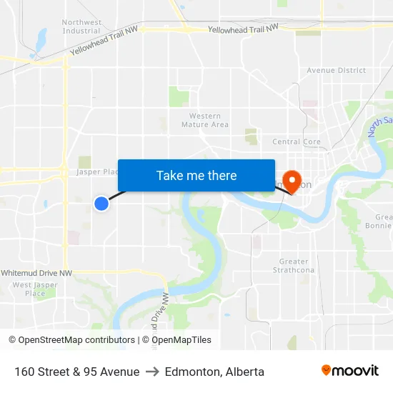 160 Street & 95 Avenue to Edmonton, Alberta map