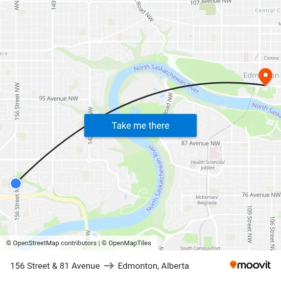 156 Street & 81 Avenue to Edmonton, Alberta map