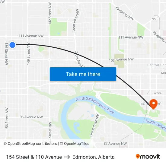 154 Street & 110 Avenue to Edmonton, Alberta map
