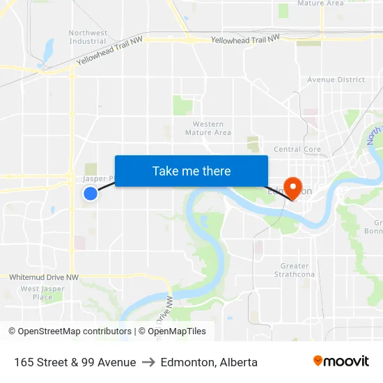 165 Street & 99 Avenue to Edmonton, Alberta map