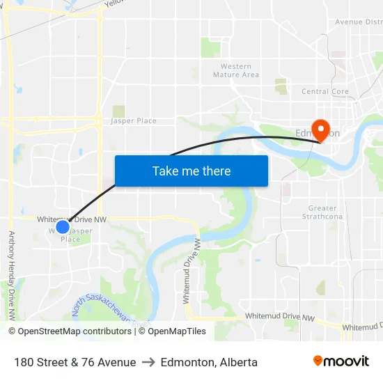 180 Street & 76 Avenue to Edmonton, Alberta map