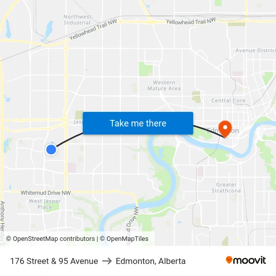 176 Street & 95 Avenue to Edmonton, Alberta map