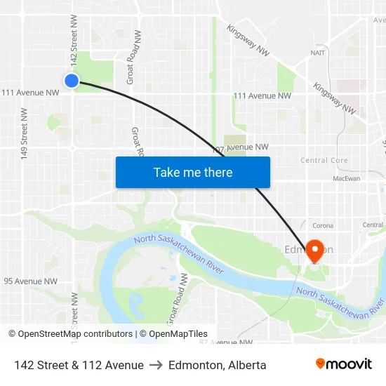 142 Street & 112 Avenue to Edmonton, Alberta map
