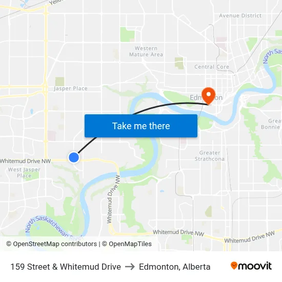 159 Street & Whitemud Drive to Edmonton, Alberta map