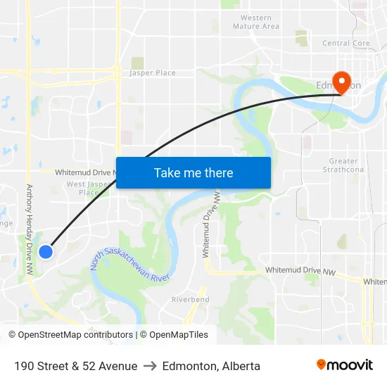 190 Street & 52 Avenue to Edmonton, Alberta map