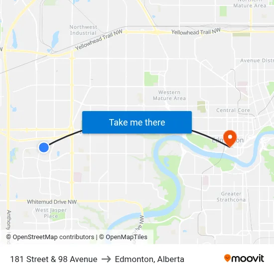 181 Street & 98 Avenue to Edmonton, Alberta map