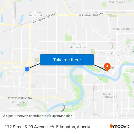 172 Street & 99 Avenue to Edmonton, Alberta map