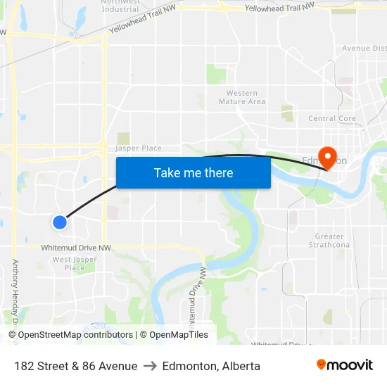 182 Street & 86 Avenue to Edmonton, Alberta map