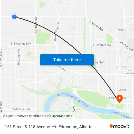 151 Street & 118 Avenue to Edmonton, Alberta map