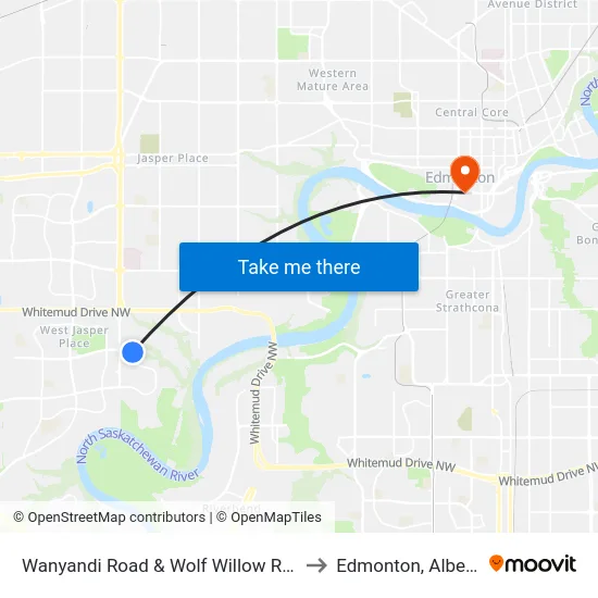 Wanyandi Road & Wolf Willow Road to Edmonton, Alberta map