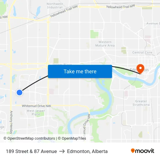 189 Street & 87 Avenue to Edmonton, Alberta map