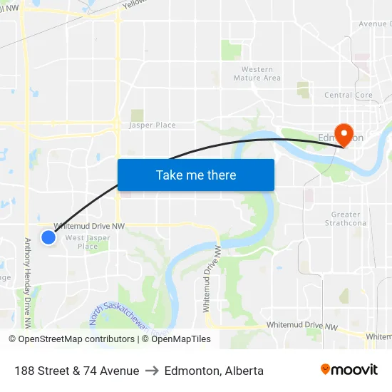 188 Street & 74 Avenue to Edmonton, Alberta map
