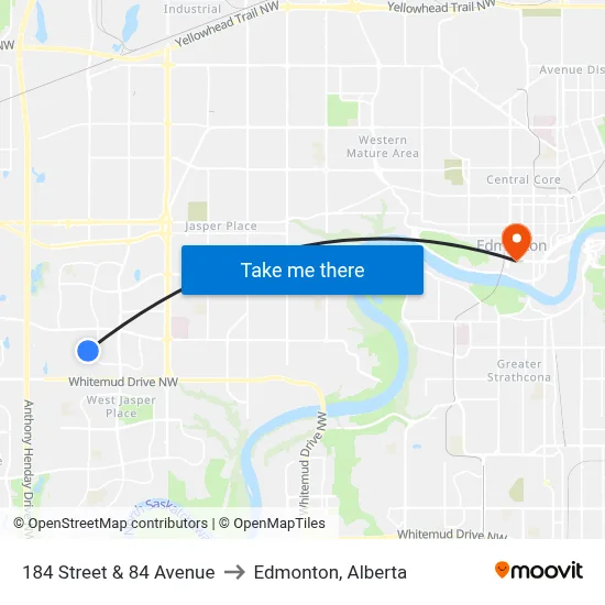 184 Street & 84 Avenue to Edmonton, Alberta map
