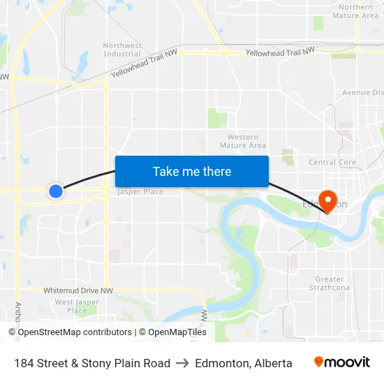 184 Street & Stony Plain Road to Edmonton, Alberta map