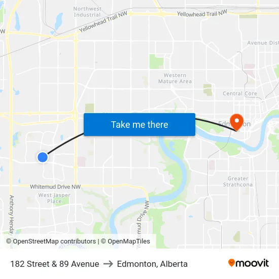 182 Street & 89 Avenue to Edmonton, Alberta map
