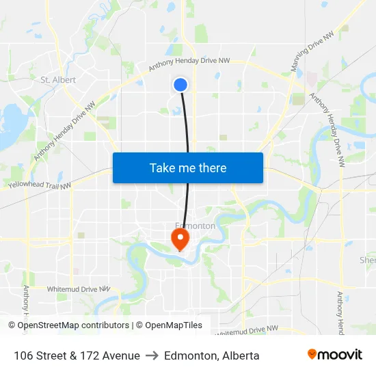 106 Street & 172 Avenue to Edmonton, Alberta map