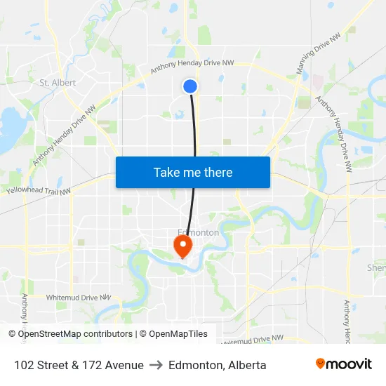102 Street & 172 Avenue to Edmonton, Alberta map