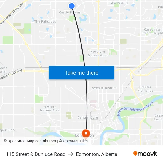 115 Street & Dunluce Road to Edmonton, Alberta map