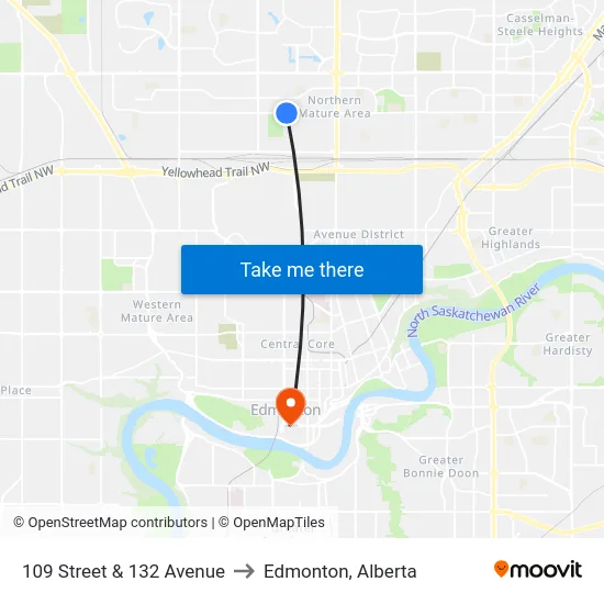 109 Street & 132 Avenue to Edmonton, Alberta map