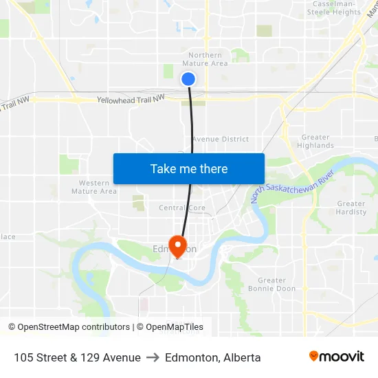 105 Street & 129 Avenue to Edmonton, Alberta map