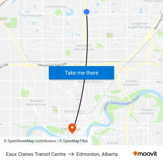 Eaux Claires Transit Centre to Edmonton, Alberta map