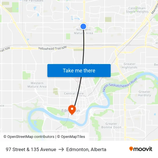 97 Street & 135 Avenue to Edmonton, Alberta map