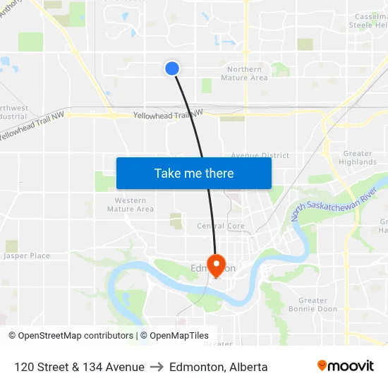 120 Street & 134 Avenue to Edmonton, Alberta map