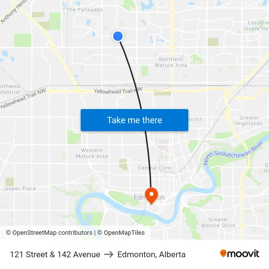 121 Street & 142 Avenue to Edmonton, Alberta map