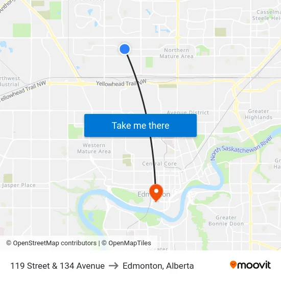 119 Street & 134 Avenue to Edmonton, Alberta map