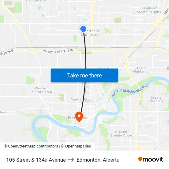 105 Street & 134a Avenue to Edmonton, Alberta map