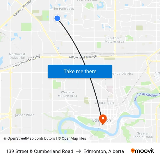 139 Street & Cumberland Road to Edmonton, Alberta map