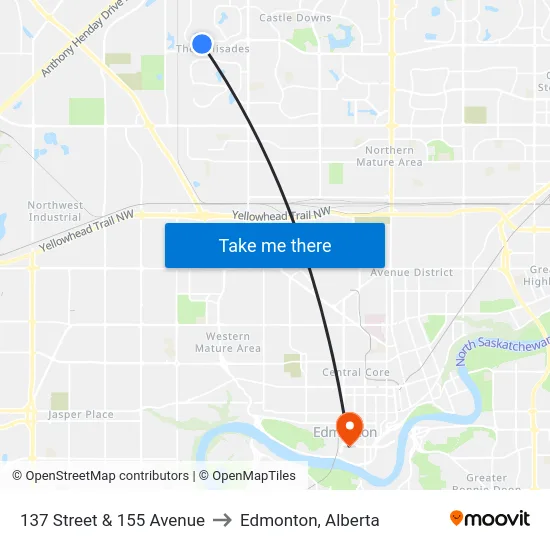 137 Street & 155 Avenue to Edmonton, Alberta map