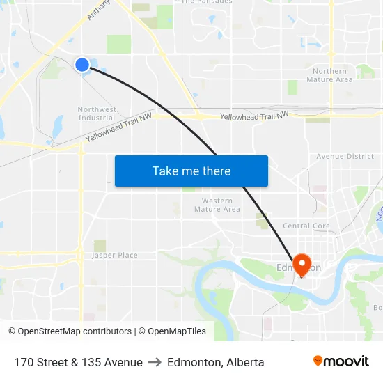 170 Street & 135 Avenue to Edmonton, Alberta map