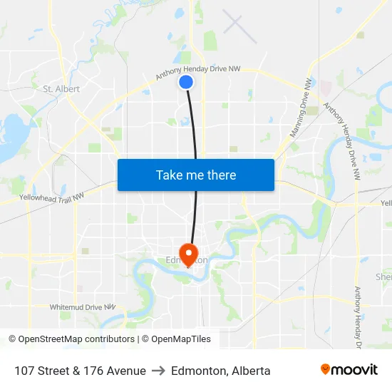 107 Street & 176 Avenue to Edmonton, Alberta map