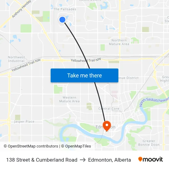 138 Street & Cumberland Road to Edmonton, Alberta map